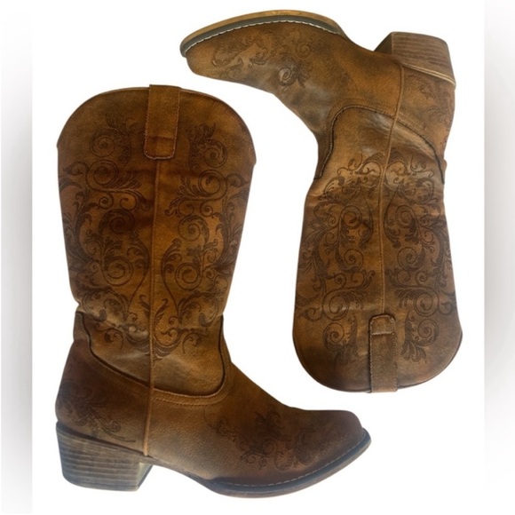 Roper Tall Stuff Snip Toe Brown Ankle Boots with Embroidered Design Sz 8 - Picture 4 of 7